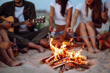 Fried sausages on bonfire. Group of young friends sitting on beach and fry sausages. Summer holidays, vacation, relax and lifestyle consept. Camping time.