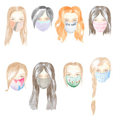Watercolor set of female faces in protective masks. Perfect in the design of printing, textiles, photo albums, web sites, social networks and other areas of application.