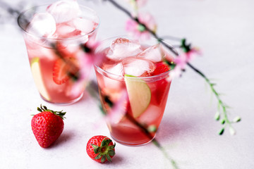 Glasses of Fresh and Cold Strawbery and Green Apple Lemonade Tasty and Healthy Summer Drink Cold Berry and Fruit Lemonade Horizontal