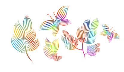 Obraz premium Abstraction of watercolor twigs with butterflies. Mixed media. Vector illustration