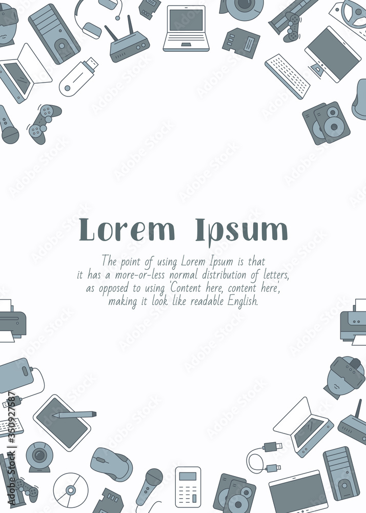 Fototapete Electronic devices - vertical card with text and vector color illustrations of technique and computer for graphic design