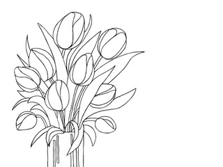 Black and white illustrated tulips bouquet in a vase on white background 