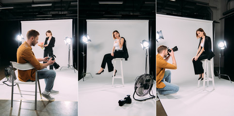 Collage of photographer and beautiful stylish model working in photo studio