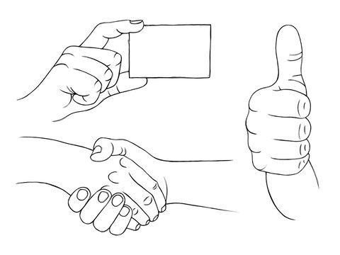 Male hand gestures for handshake, contact, gratulation, approval, okay, success and business card isolated on white background. 