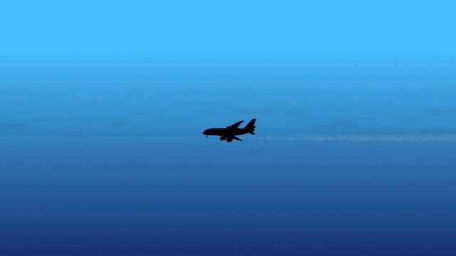 Abstract 3d render of passenger plane flying in a blue sky.