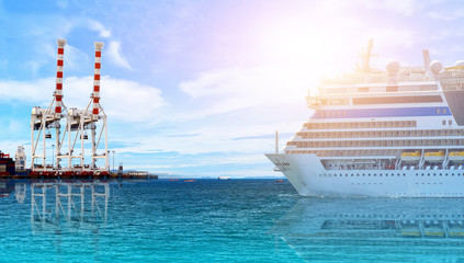Cruise ship arrival,  Ferry sailing to Port and crane in port with container on blue sea