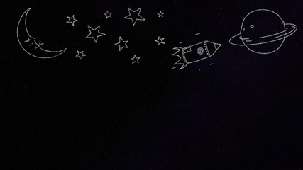 starry background with a rocket, a planet and the moon with copy space
