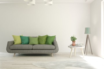 White living room with sofa. Scandinavian interior design. 3D illustration