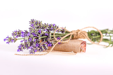 Composition of a small bouquet of lavender and lavender soap