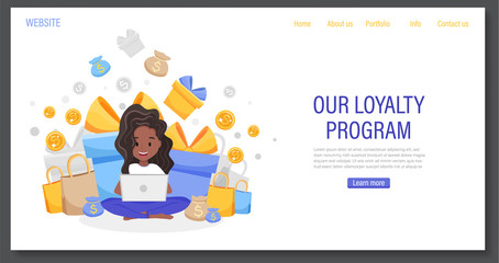 Online reward program banner with happy black African girl with laptop, receive gift box. Landing page template, ui, web, homepage. Customer loyalty marketing program. Flat cartoon vector illustration