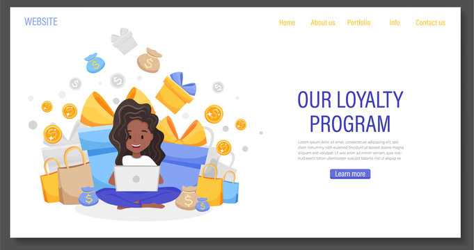 Online reward program banner with happy black African girl with laptop, receive gift box. Landing page template, ui, web, homepage. Customer loyalty marketing program. Flat cartoon vector illustration