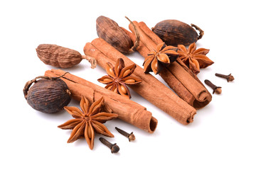 Various seasonings on white background 