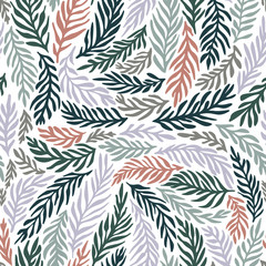 Naklejka na ściany i meble Delicate branch pattern with pink and shades of green leafs on white background. Seamless hand drawn tropical vector texture in light colours for print. Package design, textile, fabric.