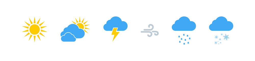 Weather vector icons collection. Weathers icons. Weather forecast sign symbols. Weathers signs in flat design. Eps10 - obrazy, fototapety, plakaty