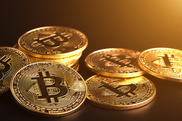 Bitcoin Cryptocurrency. Bitcoin coin placed on a black table.Business Internet Concept.