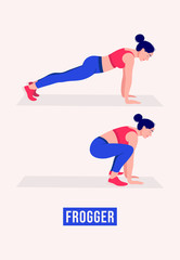 Girl doing Frogger exercise, Woman workout fitness, aerobic and exercises. Vector Illustration.