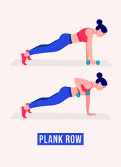 Girl doing Plank Row exercise, Woman workout fitness, aerobic and exercises. Vector Illustration.