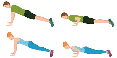 Man and woman doing push-UPS. Male and female characters in cartoon style.
