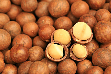 Macadamia nuts slide whole and chopped background 