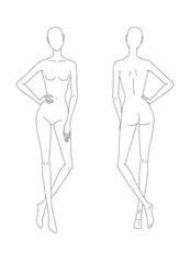 Sketch of the female body. Front and back view. Put your hands on the belt, legs crossed. Female body template for drawing clothes. You can print and draw directly on sketches. Fashion Illustration.