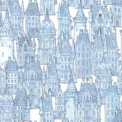 Seamless pattern of fantasy landscape. Fairy tale castle, old medieval town. Hand drawn sketch of house, tower silhouette. T-shirt print. Blue and white painting. Batik, wallpaper, wrapping paper