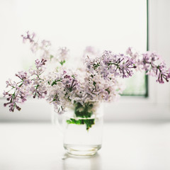 beautiful lilac flowers on the window in a vase, background - 350935152