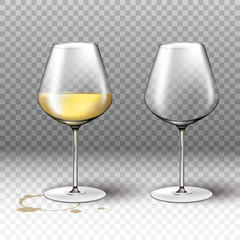 Isolated 3d realistic vector empty and full white wine glass on transparent background with stain for menu and restaurant lists.