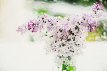 beautiful lilac flowers on the window in a vase, background - 350935584