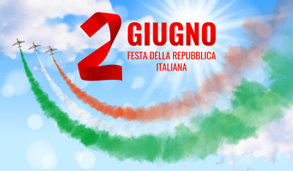 Vector illustration with three planes and trails in green, white, and red colors of the flag of Italy and text isolated on sunny sky background. Translation: 