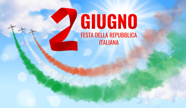 Vector illustration with three planes and trails in green, white, and red colors of the flag of Italy and text isolated on sunny sky background. Translation: "June 2. Italian Republic Day.". 
