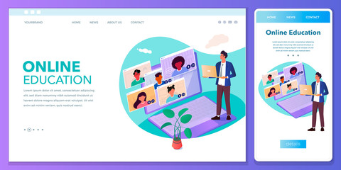 Cross-platform develop landing page online education, video conferences, work from home, online meeting. Browser and mobile phone template with place for your text.