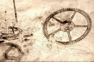 Fototapeta na wymiar Sketch of Watch Parts: Collection of Vintage Metallic Watch Gears on a Black Surface