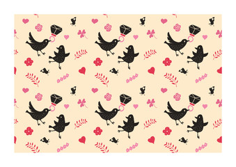 Seamless romantic pattern with hand-drawn hearts, birds, diamonds, leaf, flowers. Cute romantic doodle. Ready template for design, postcards, print, poster, party, Valentine's day, vintage textile.