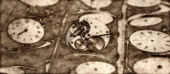 Sketch of a Watch Repair Shop: Effects of Time on Collection of Old, Broken and Discarded Watches