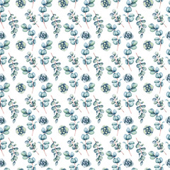 Watercolor seamless pattern with eucalyptus twigs on the white background.Hand painted watercolor clipart.