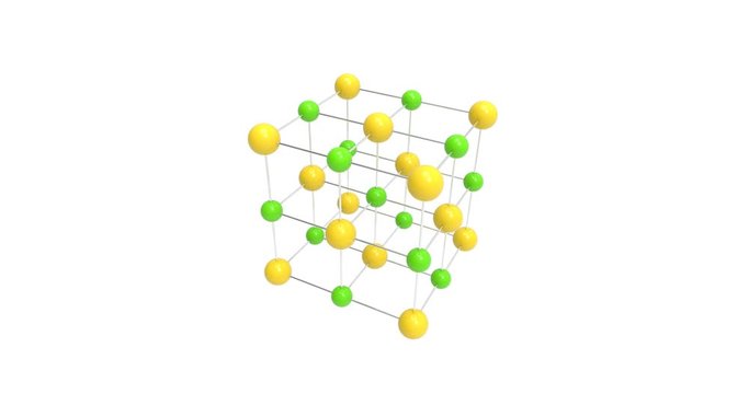Crystal lattice of NaCl rotates on green chroma key. Sodium chloride rock salt. 4K resolution. 3D Illustration.