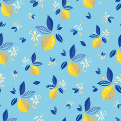 Vector graphic citrus floral mediterranean lemon pattern. Hand drawn textured citrus fruit pattern with leaf and blossom on blue background. Classy simple summer backdrop.
