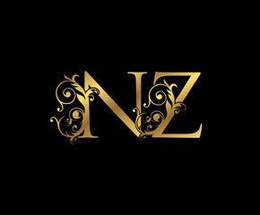 Luxury Gold N, Z and NZ Letter Floral logo. Vintage Swirl drawn emblem for weeding card, brand name, letter stamp, Restaurant, Boutique, Hotel.