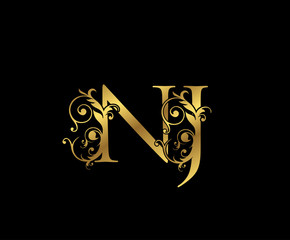 Luxury Gold N, J and NJ Letter Floral logo. Vintage Swirl drawn emblem for weeding card, brand name, letter stamp, Restaurant, Boutique, Hotel.