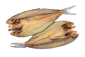 Dried salted fishes on white background