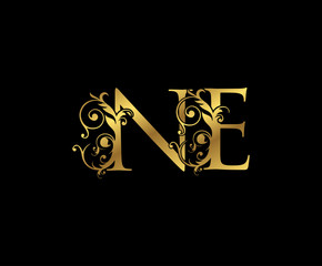 Luxury Gold N, E and NE Letter Floral logo. Vintage Swirl drawn emblem for weeding card, brand name, letter stamp, Restaurant, Boutique, Hotel.