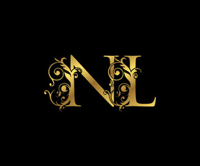 Luxury Gold N, L and NL Letter Floral logo. Vintage Swirl drawn emblem for weeding card, brand name, letter stamp, Restaurant, Boutique, Hotel.