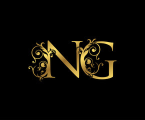 Luxury Gold N, G and NG Letter Floral logo. Vintage Swirl drawn emblem for weeding card, brand name, letter stamp, Restaurant, Boutique, Hotel.