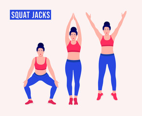 Girl doing Squat Jacks exercise, Woman workout fitness, aerobic and exercises. Vector Illustration.