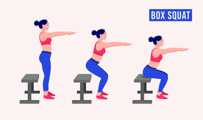 Fototapeta na wymiar Girl doing Box squat exercise, Woman workout fitness, aerobic and exercises. Vector Illustration.