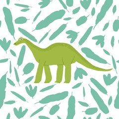 Seamless pattern with green brontosaurus and leaves. Large extinct reptile. Cute hand drawn dinosaur isolated on white background. Fun design for textile, wrapping paper. Stock vector illustration. © passionastia