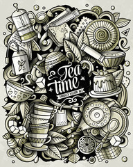 Cartoon vector doodles Tea illustration. Toned Cafe funny picture