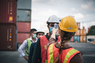 Coronavirus Covid-19 Disease Epidemic Crisis Situation, Construction Worker Having Fever Body Scan...