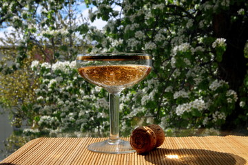 A glass of champagne on a bamboo table