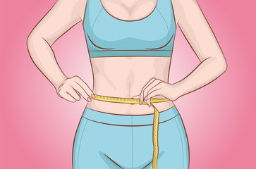 The girl measures the waist circumference. Weight loss and body care.